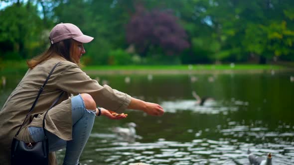 Slow motion shot of woman feeding birds at lakeside