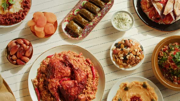 Kabsa Hummus Dolma Maqluba Tabbouleh Top View Middle Eastern National Traditional Food on Table