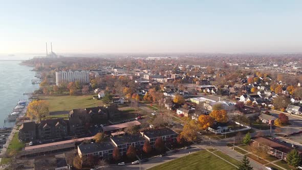 Panoramic View Of Trenton City With Colorful Autumn Landscape In Wayne County, Michigan Along Detroi