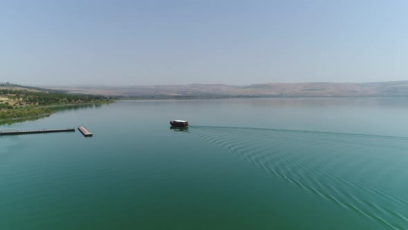 Aerial view of boat on the Sea of Galilee 