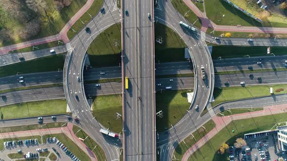 Road Junction in European Metropolis. Aerial Drone Shooting. Top View