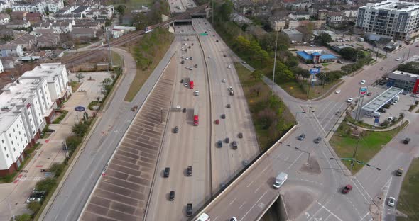 Establishing shot of cars on I-10 West freeway in Houston, Texas