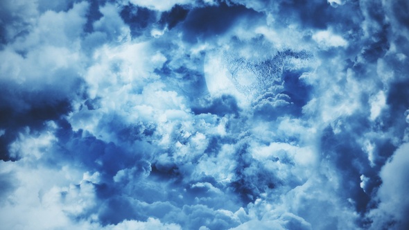 Flying Through Abstract Blue Clouds with Big Moon alt