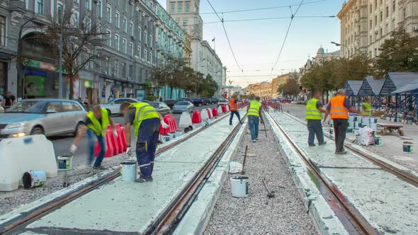 Tram Rails at the Stage of Their Installation and Integration Into Concrete Plates on the Road