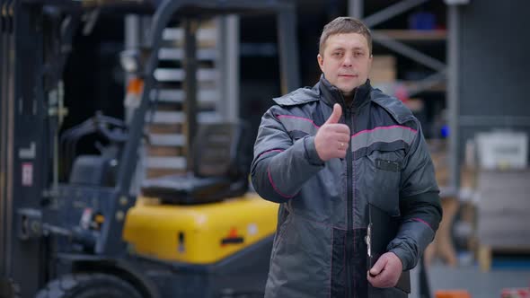 Positive Confident Man Showing Thumb Up Looking at Camera Smiling Standing in Warehouse Indoors