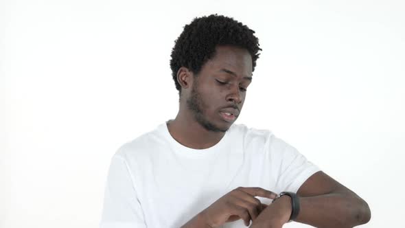 Man Browsing Internet on Smartwatch White Background