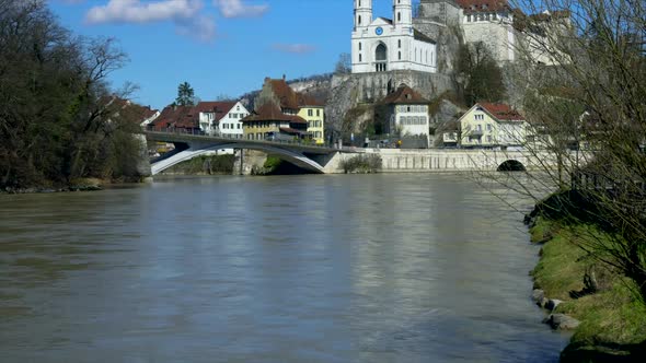 Aerial view with the drone of the ancient city Aarburg in Switzerland with river