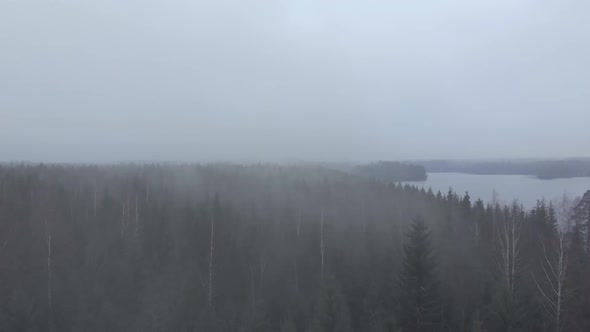 Finland Aerial Flight Over Tree Tops Forest in Dense Fog Clouds Near Lake