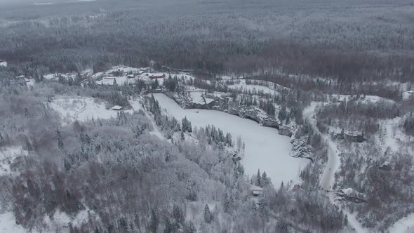 Beautiful Winter Aerial Footage of Ruskeala Mountain Park in Karelia in