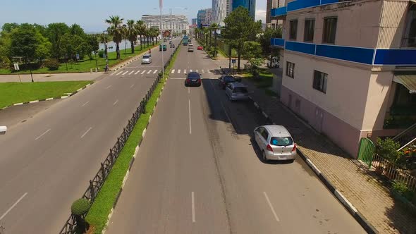 Vehicles Running Down Boulevard in Summer Batumi Georgia, Traffic in Resort City