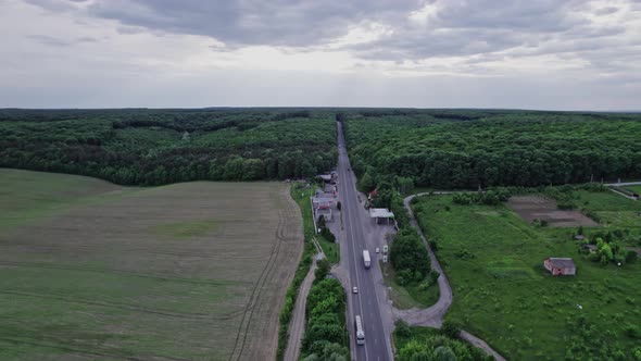Aerial View Above Road in Forest