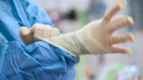 Surgeon Putting Protective Gloves on Before Operation. Close Up View.