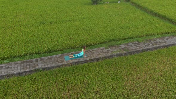 Aerial Slowmotion Shot of a Young Woman Practicing Yoga on a Beautiful Rice Field