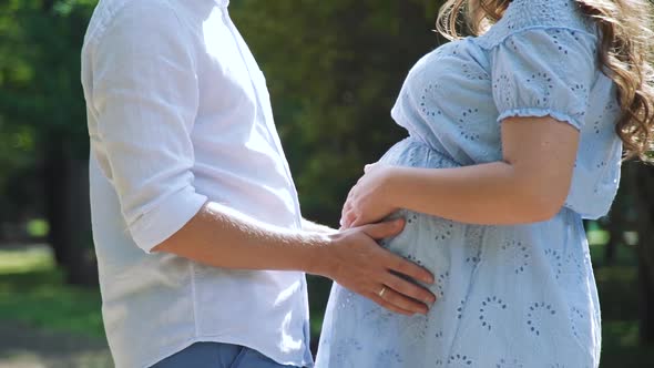 Close Up of Touching Baby Bump with Hands in Park