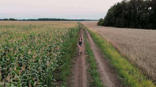 Aerial View of a Girl Riding a Bicycle Between Fields on Countryside