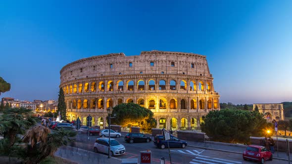 Colosseum Day To Night Timelapse After Sunset, Rome