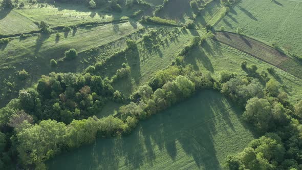 Shadows from sunrise over the cultivated land 4K aerial footage