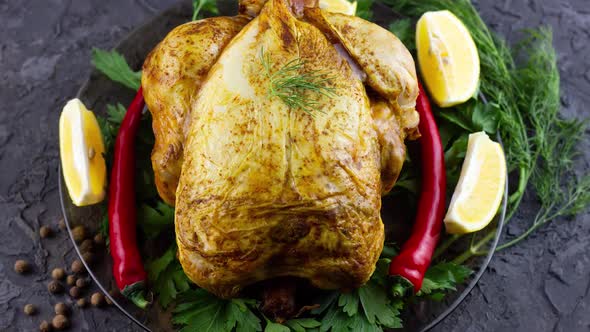 a Whole Baked Chicken Lies in a Plate with Red Chili and Dill with Parsley Slow Motion