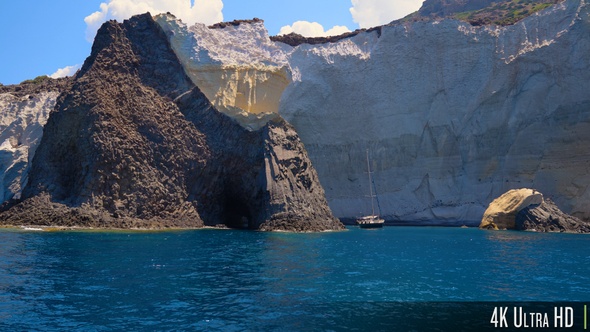 4K Dramatic Cliff Formation of White Sandstone Along Coastline of Kleftiko Bay, Milos, Greece