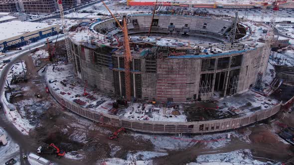 High Cranes and Building Equipment on Stadium Constraction