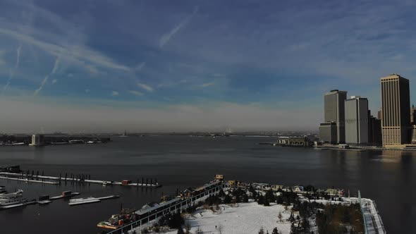 Aerial View of on Brooklyn Large and Spectacular Buildings and Seaports in Financial District Over