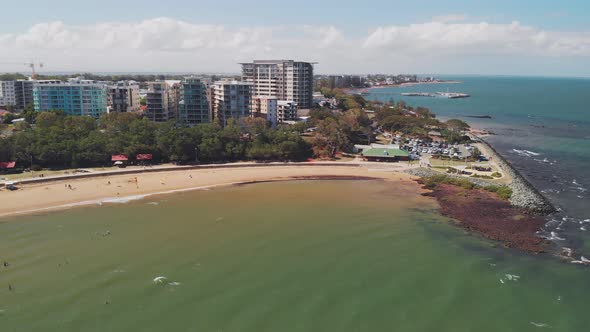 Aerial drone view of Suttons Beach, Redcliffe, Australia