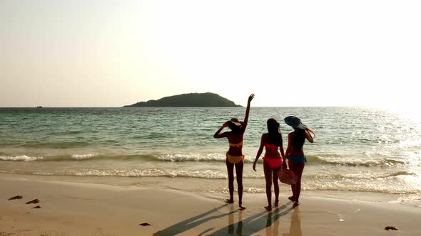 Group of women in bikini having fun on the beach at sunset