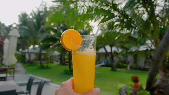 Female Hand Holding Freshly Squeezed Orange Juice with Against the Backdrop of Exotic Green Trees on