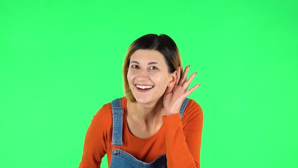 Woman Holding Hand Near Ear Trying To Listen To Interesting News Expressing Communication Concept