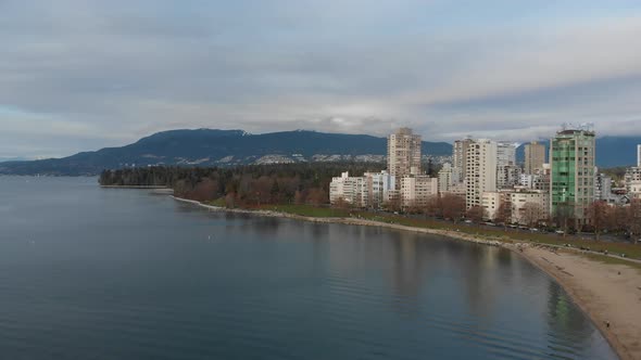 Various drone shots at English Bay near downtown Vancouver, BC during Polar Bear 2019 event