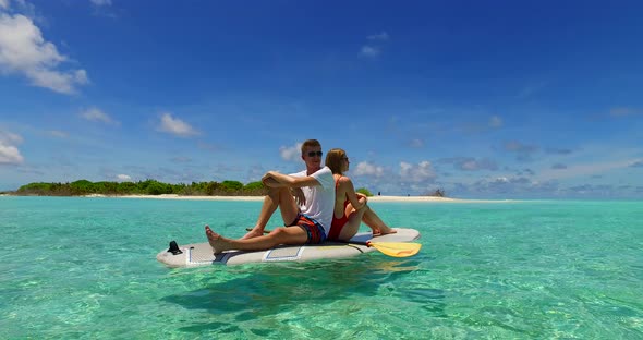 Romantic people married on vacation spend quality time on beach on clean white sand background 4K