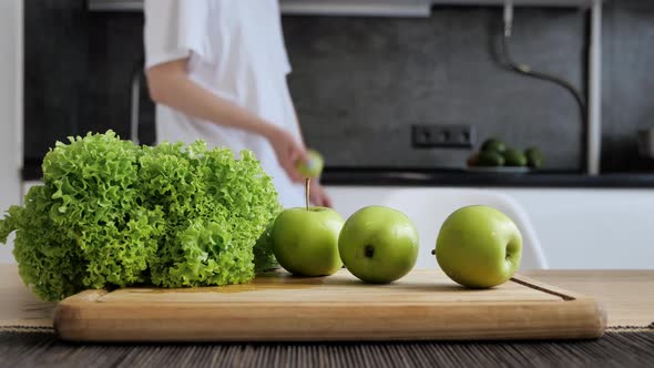 Green Vegan Food on Table Kitchen Background