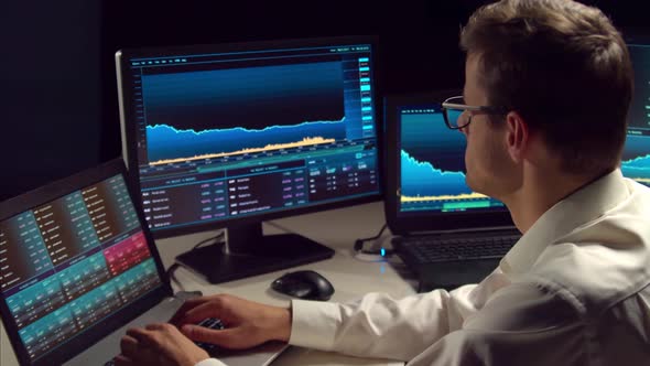 Trader working in office at night using workstation and analysis technology.