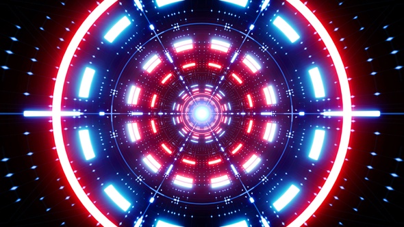 Glow Red and Blue Light Geometric Cylindrical Tunnel