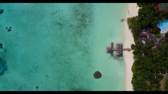 Aerial drone nature of beautiful bay beach break by clear sea with white sandy background of a picni