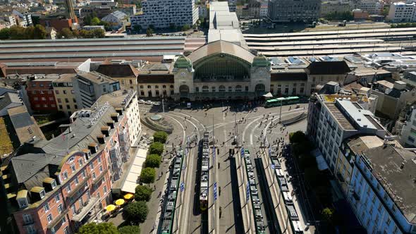 The Trams and Public Transport of Basel at Central Station in Basel Switzerland  View From Above