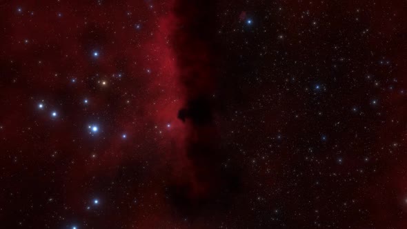 Spaceship Flies Near Red Nebula in Space