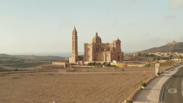 Ta' Pinu Basilica Castle in Dry Country of Gozo Island, Malta Im Sand Brown Color, Beautiful Aerial