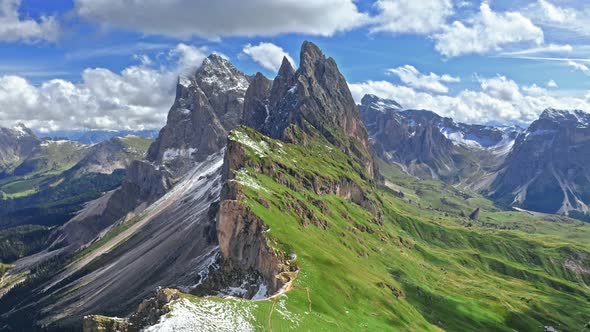 Areal view of Seceda in Dolomites with blue sky