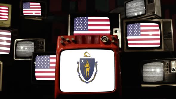 Flag of Massachusetts and US Flags on Retro TVs.