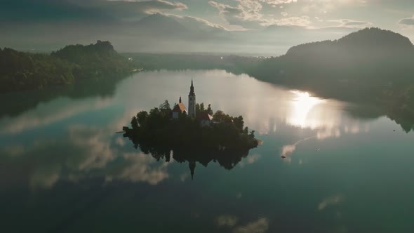 Aerial View of Sunrise at Bled Lake Slovenia