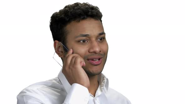 Man Using Glass Phone on White Background