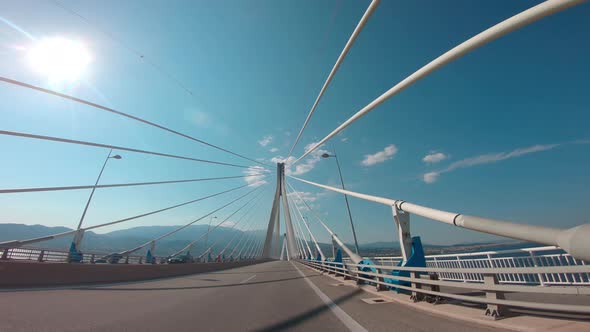 Driving on the Rio–Antirrio bridge. Above Golf of Corinth direction Patras Peloponnese Greece. Offic