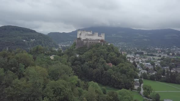 Aerial view of Salzburg castle on hill mountain Hohensalzburg fortress. Panorama on Salzburg city