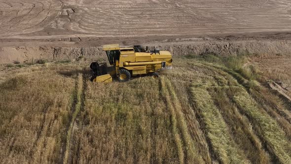 Aerial View Of Combine Harvester Working In Punjab Field In Pakistan. Tracking Shot