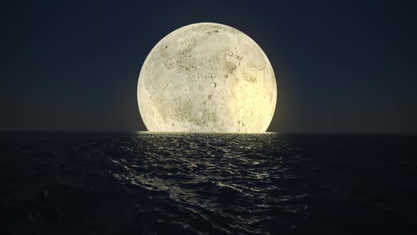 Animation of bright glowy moon reflecting on the dark surface of the calm ocean.