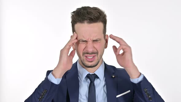 Portrait of Tired Young Businessman Having Headache, White Background