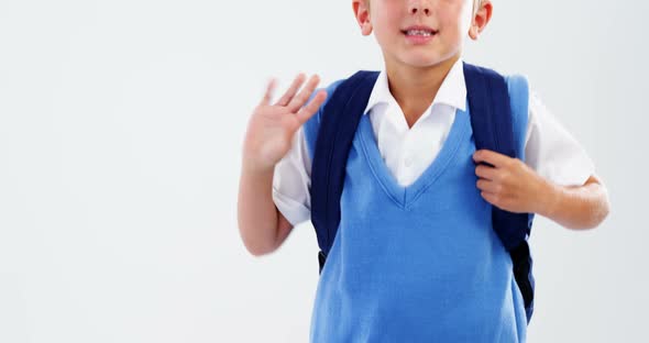 Portrait of smiling schoolboy waving hand