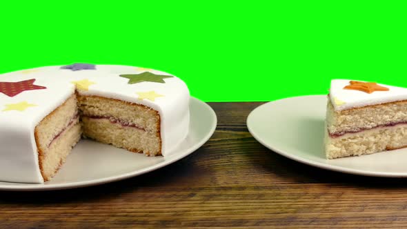 Birthday Cake And Slice Greenscreen Isolated