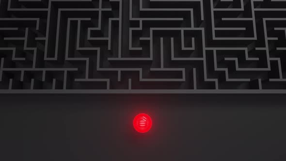 Red luminous ball in dark black maze